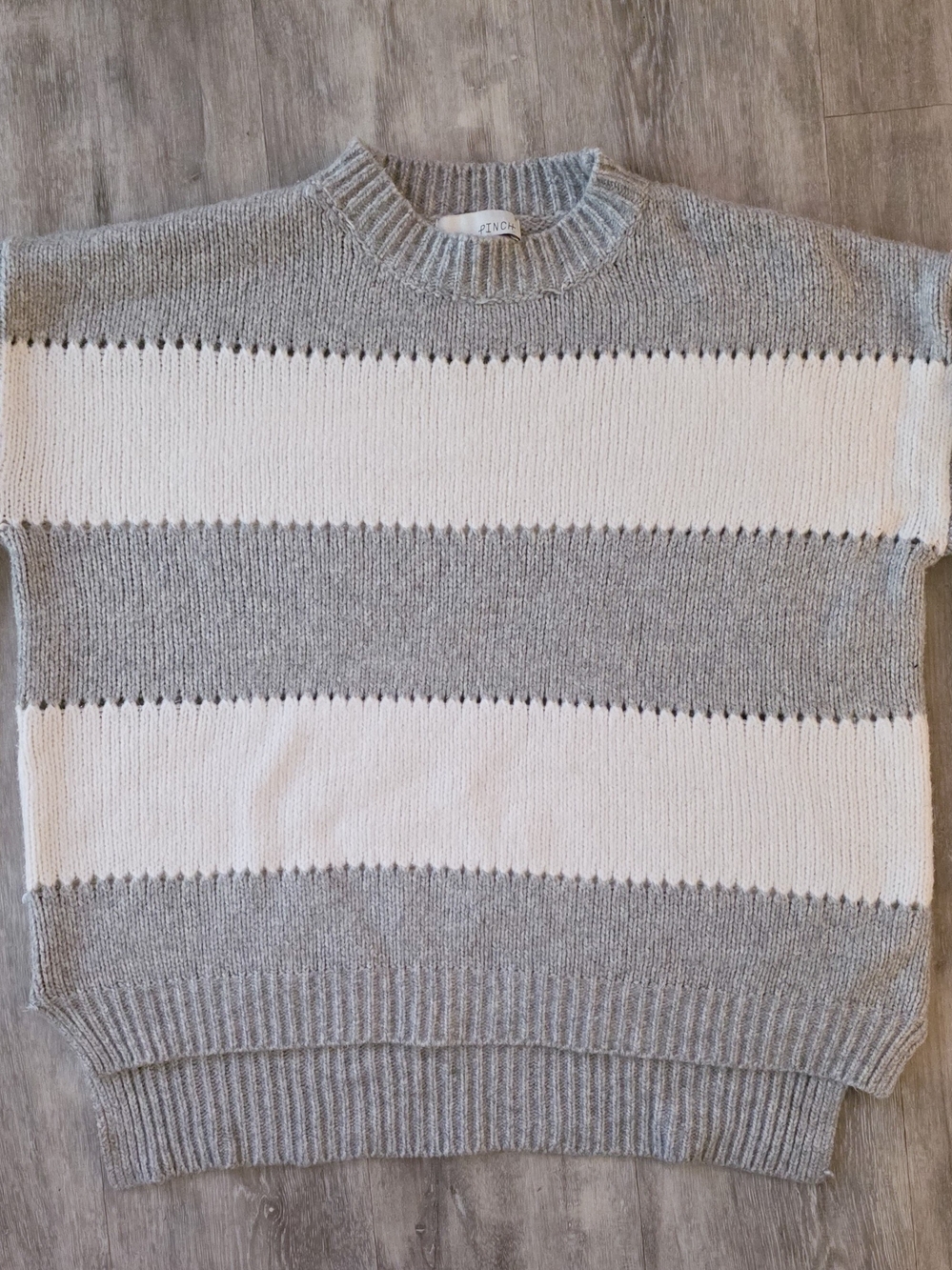 PINCH Women's Small Gray Ivory Striped Oversized Knit Crewneck Sweater